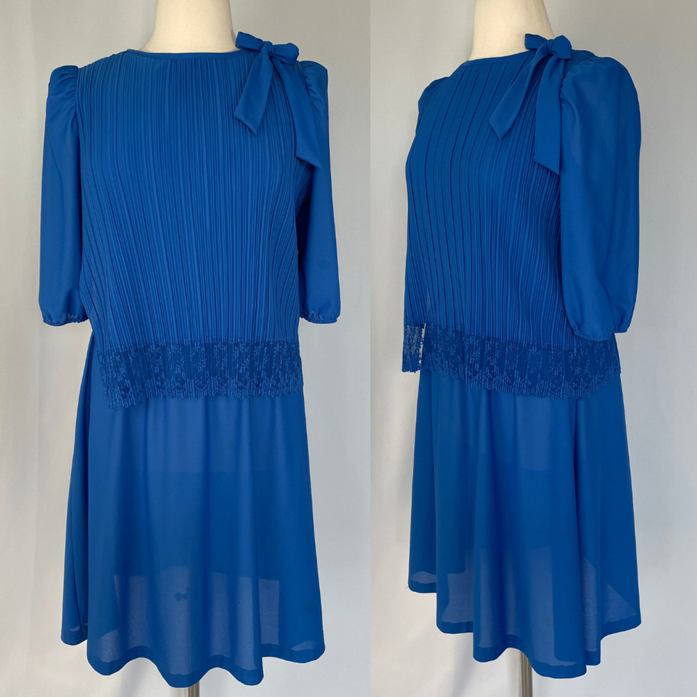 Vtg Party Dress Plus Size 18 Royal Blue Pleated Layered Lace Bow Cocktail 80s